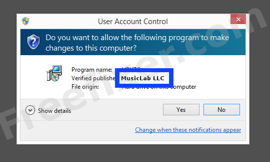 Screenshot where MusicLab LLC appears as the verified publisher in the UAC dialog